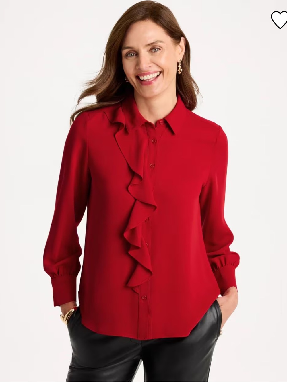 Chico’s Red Ruffle Trim Metallic Edge Blouse Long Sleeve Mandarin Collar Size 14